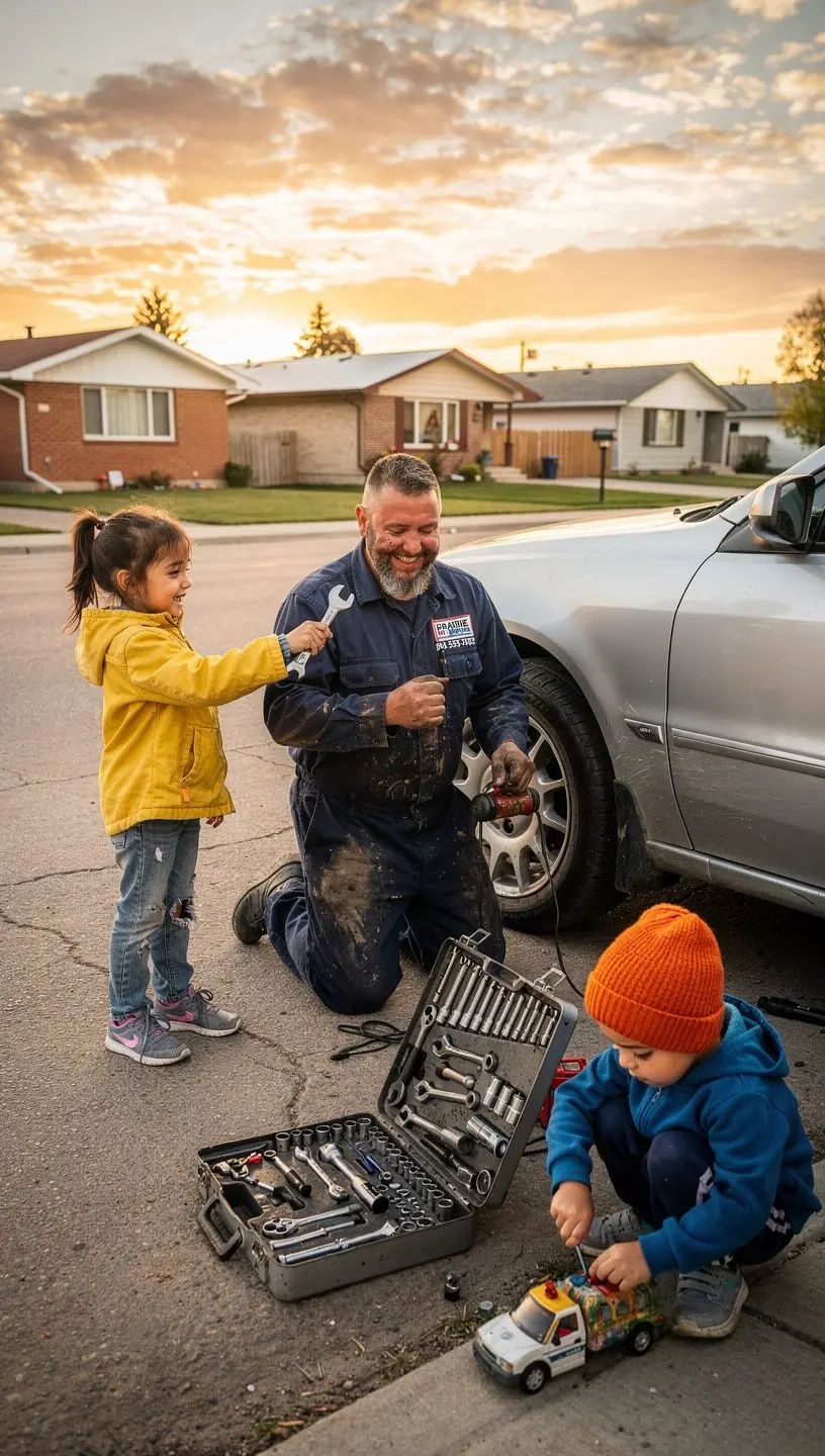 Mobilný mechanik opravuje motor vozidla priamo na mieste zákazníka s profesionálnymi nástrojmi.